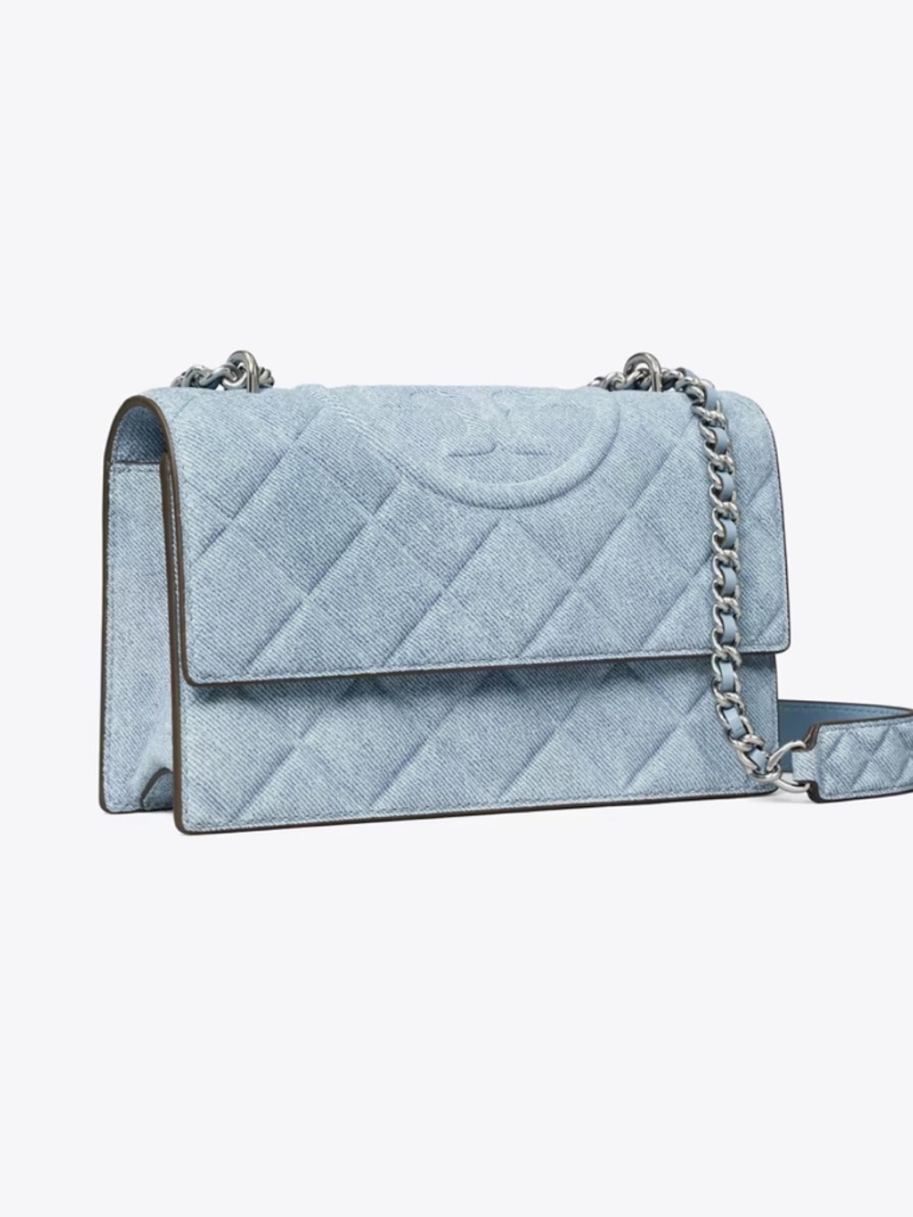 Tory Burch Small Fleming Quilted Denim Crossbody in Light Blue NWT